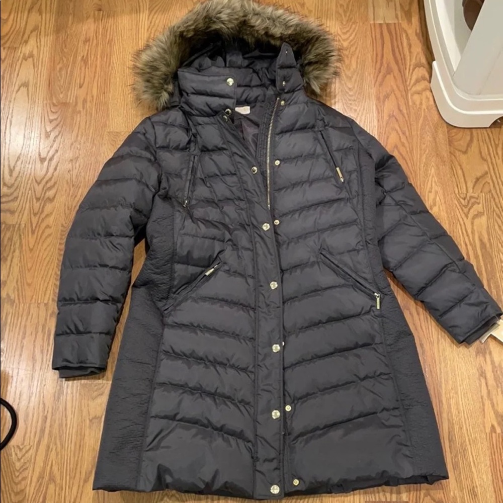 MICHAEL Michael Kors Black Puffer Coat with Fur Trim